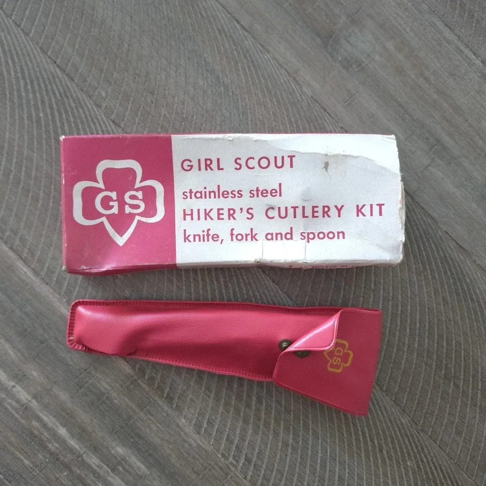 Vintage Girl Scout Hiker's Cutlery Kit Knife Fork Spoon Stainless Steel Red Case